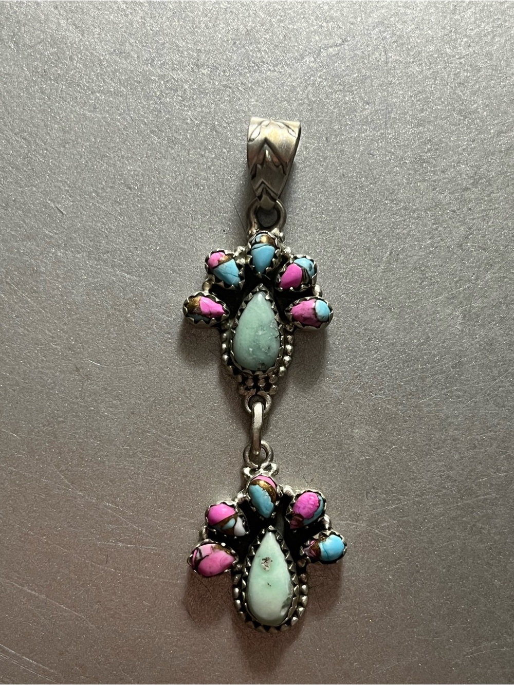 Paloma Turquoise & Cotton Candy Dahlia Two Tier Sterling Silver Pendant